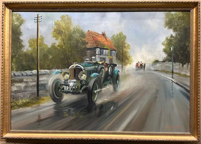 Original oil on canvas painting by Dion Pears of a Blower Bentley at speed, 27 x 37, framed, Dion