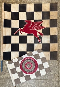 Two checkered race flags - Mobil Oil Pegusas, 36 square and San Francisco SCCA Region, 24 x 16,