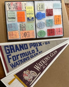 Watkins Glen pennants and collection of passes, 1950’s-1960’s, pennants Formula One, 12 x 30 and
