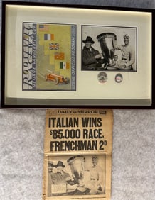 1936 Vanderbilt NY Race items - framed program, winner Nuvolari photo, two related pin backs, daily