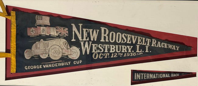 1936 Vanderbilt Cup Race pennants, colorful graphics, large is 28 x 10, small 9 x 2, vg condition
