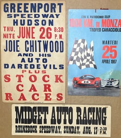 Three period racing posters on card stock - Chitwood Auto Daredevils, 14 x 22, 1000KM Monza 1967, 12