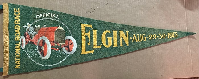 1913 Elgin National Road race souvenir pennant, green with red car image, 9.5 x 25, vg condition