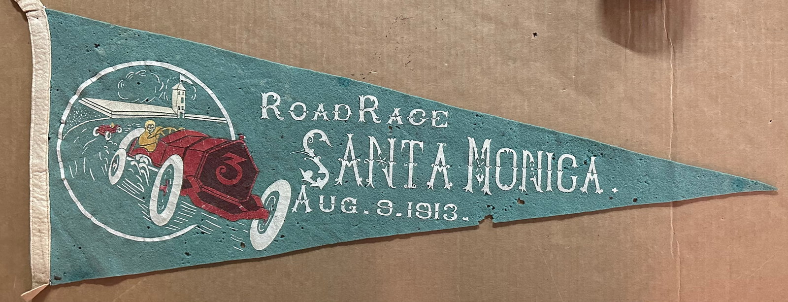 1913 August 3rd Santa Monica Road Race souvenir pennant, 11 x 28, some moth damage (1 of 1)