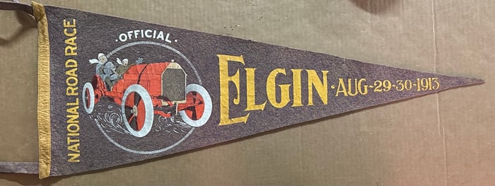 1913 Elgin National Road race souvenir pennant, brown with red car image, 9.5 x 25, vg condition