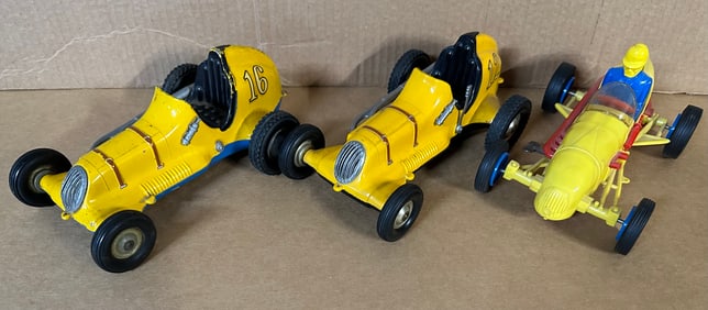 Three toy race cars - two Thimbledrome die cast metal, 10 inches, plastic midget open style, 9