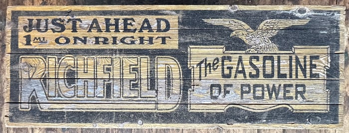 Richfield wood sign, reflective black background, painted lettering, age unknown, 50 x 18, condition