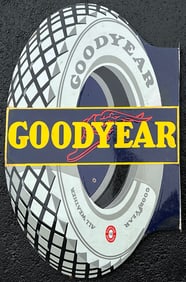 Goodyear porcelain flanged sign, double sided, age unknown, 23 x 34, condition as shown