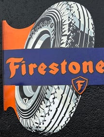 Firestone porcelain flanged sign, double sided, age unknown, 29 x 35, condition as shown