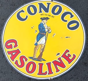 Conoco Gasoline porcelain sign, single sided, 25 inch dia, condition as shown