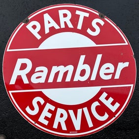 Rambler Parts, Service porcelain sign, double sided, 42 inch dia, condition as shown