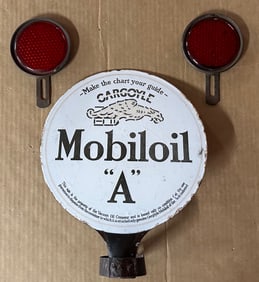 Mobiloil Gargoyle porcelain oil reservoir tank sign, double sided, nine inch dia and two glass