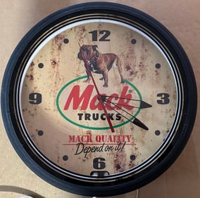 Mack truck wall clock, illuminated, working condition, Bulldog logo, 20 inch dia, recently