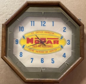 Original period MOPAR wall clock, wood octagonal case, two bulb illumination, 20 x 20, condition as