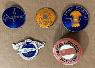 Five badges - original ALCO and repro Apperson - three appliance, similar to an auto badge, ex