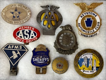 Nine items - club badges, toppers, etc, vg to ex condition