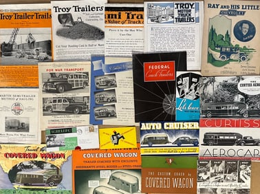 Travel trailer, station wagon, commercial trailers items, 1920’s - 1940’s, vg to ex condition