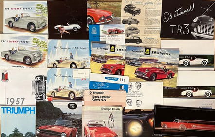 Triumph sports car brochures, TR 2, TR 3, TR 4, TR 5, TR 6, TR 7, Stag, Spitfire, etc, eighty items