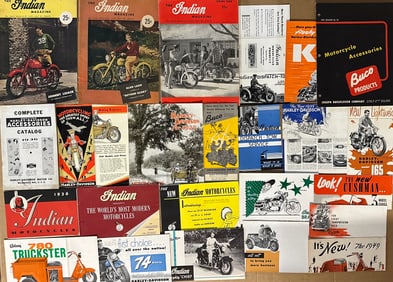 Motorcycle brochures - seventeen 1925-1979 Harley, twelve 1932-1949 Indian, five Cushman scooter ,