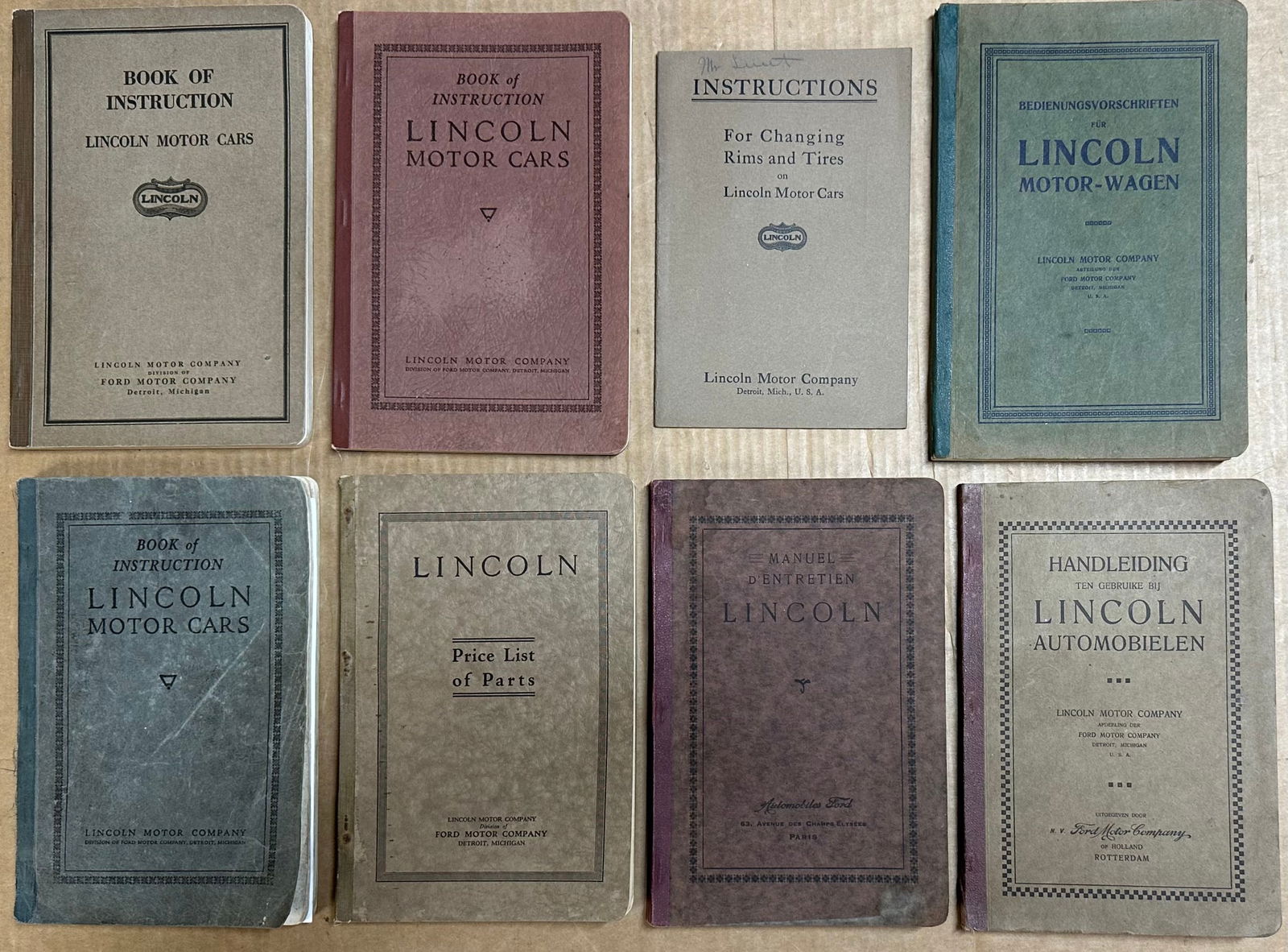 Eight 1920’s Lincoln Model L manuals - early Tire Manual, 1925, 1924 Parts, 1923 French, 1923 (1 of 1)