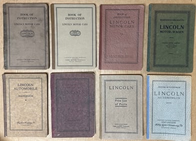 Eight 1920’s Lincoln Model L manuals - 1921, 1922, 1923, 1923 German, 1923 French, 1924 Danish,