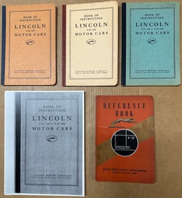 Four Lincoln Model K manuals - 1933 KA, 1933 KB, 1934 KA & KB, 1937 K and reference photo copy of