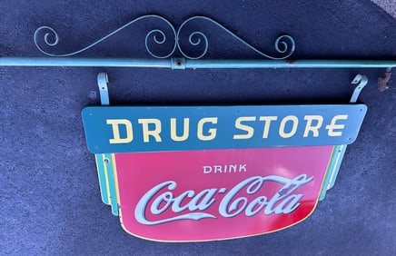 Coca Cola Drug Store hanging sign, dated 1934, porcelain double sided, with hanging mount, sign, 62