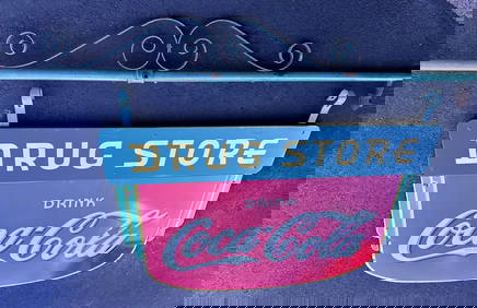 Coca Cola Drug Store hanging sign, dated 1934, porcelain double sided, with hanging mount, sign, 62 (1 of 5)