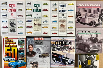 Nine French car reference books, each covers company profiles of yearly production, range from 225