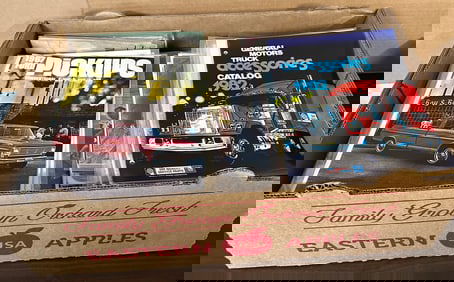 Large heavy box of truck sale brochures from 1940’s-1980’s, 40 lbs total weight, sample shown in