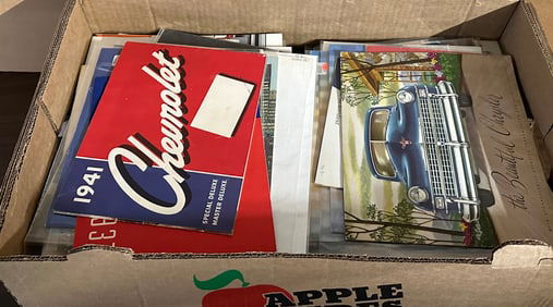 Large heavy box of US auto sale brochures from 1930’s-1960’s, 32 lbs total weight, sample shown
