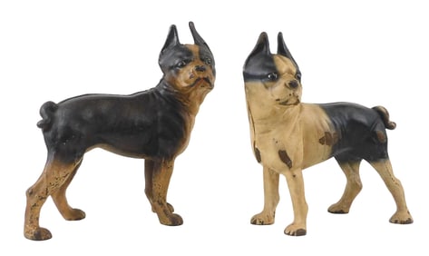 Two Hubley Boston Terrier door stops, painted cast iron, unmarked, wear to paint, smaller is