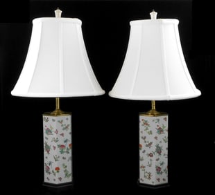 ASIAN: Pair Chinese Export famille rose porcelain table lamps, octagonal standards featuring allover