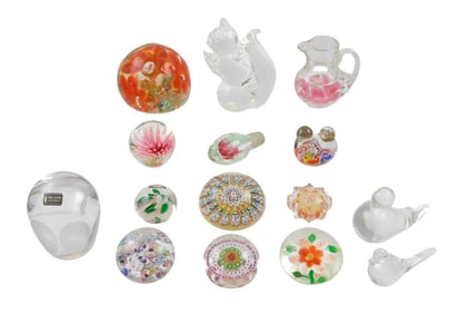 GLASS: Art glass and figural paperweights, fifteen pieces, details include:, Whitefriar owl face,