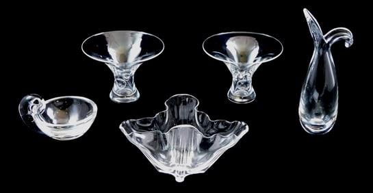 Steuben glassware, five pieces, all signed, details include: grotesque/"handkerchief" bowl, two