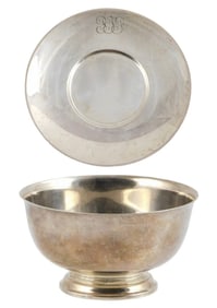 STERLING: Tiffany & Co. plate and Gorham Revere reproduction bowl, both marked sterling, detail