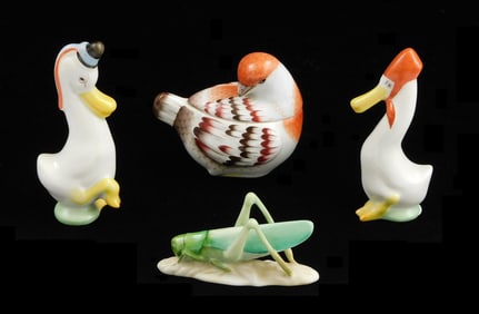 Herend hand-painted porcelain animal figurines, four pieces, all with maker's marks stamped on base,
