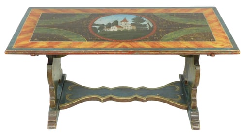 Swiss painted primitive table (height shortened from that of original use as a writing table), twin