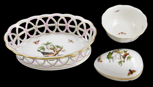 Herend, three pieces of hand-painted porcelain, all marked on base, details include: oval basket
