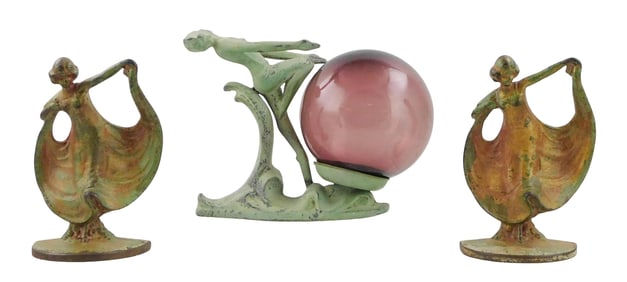 Art Deco figural decor, two matching bookends and gazing ball sculpture, details include: pair of