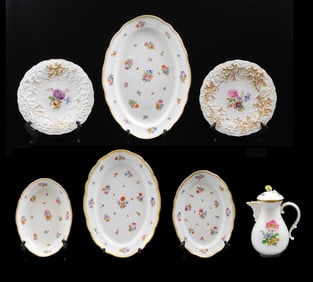 CHINA: Meissen hand-painted porcelain, seven pieces, all with floral decoration and signed with blue