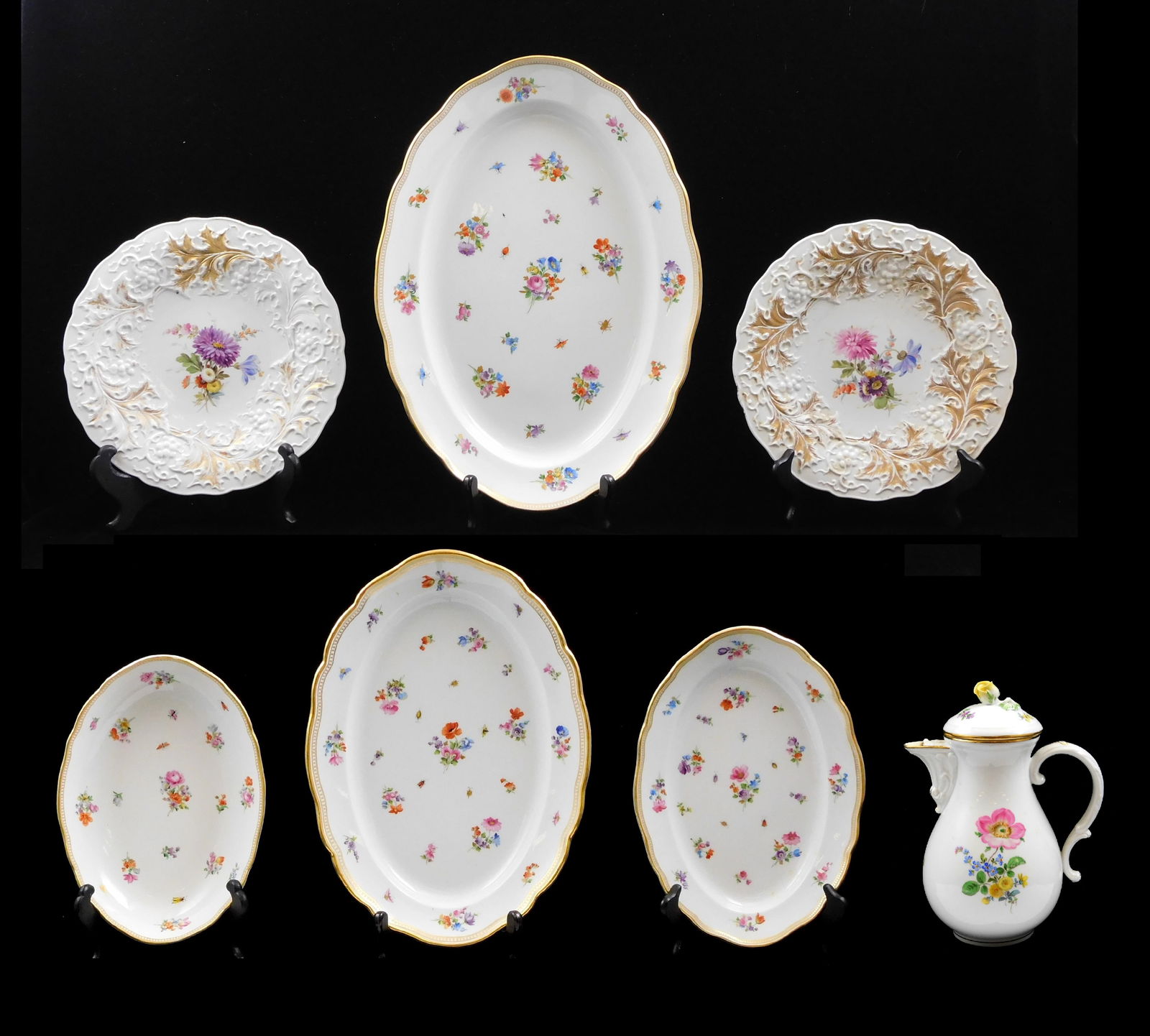 CHINA: Meissen hand-painted porcelain, seven pieces, all with floral decoration and signed with blue (1 of 6)