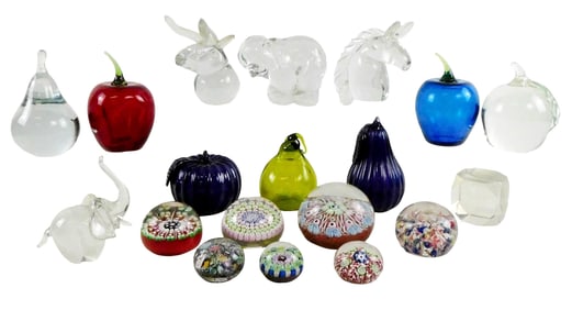GLASS: Blown glass fruit and solid paperweights, most unmarked, details include: red, blue, and