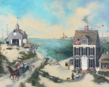 Linda Nelson Stocks, "A Day at The Shore", 1993, oil on canvas, depicts sunny New England summer day