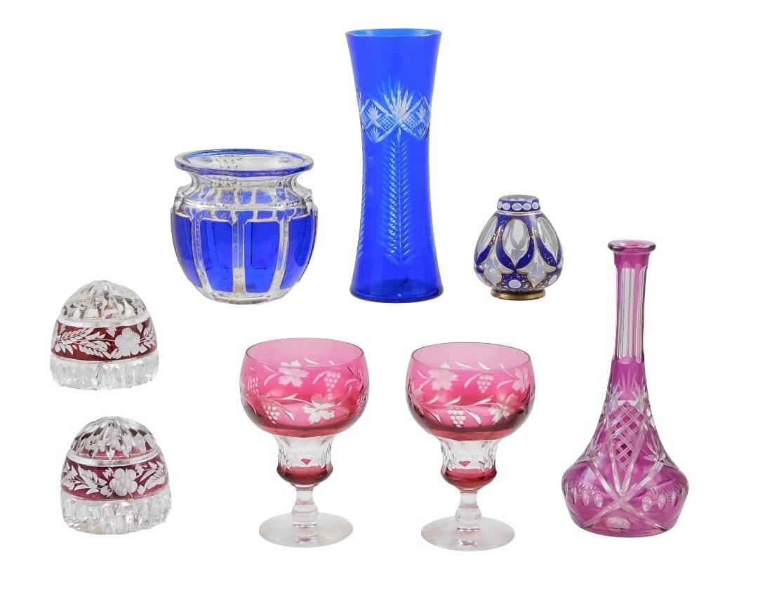 GLASS: Eight pieces of cut-to-clear glass or similar, 19th/20th C., details include: cobalt: GLASS: Eight pieces of cut-to-clear glass or similar, 19th/20th C., details include: cobalt cut-to-clear fluted vase, wheat-like design with diamond accents, 8 1/4” h.; pair of cranberry cut-to-