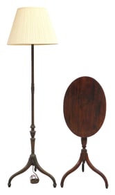 Federal style tilt-top candlestand and floor lamp, details include: mahogany tilt-top candlestand,