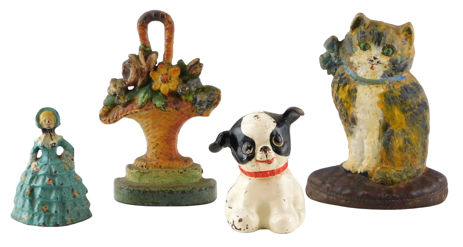 Hubley, etc. three doorstops and one coin bank, details include: Fido dog painted cast iron coin: Hubley, etc. three doorstops and one coin bank, details include: Fido dog painted cast iron coin banks, red collar that says "Fido" on front, 4 7/8" h.; sitting cat with bow around neck, over painted,