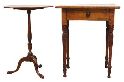 Federal style candlestand and 19th C. figured maple single drawer stand, details include: mahogany