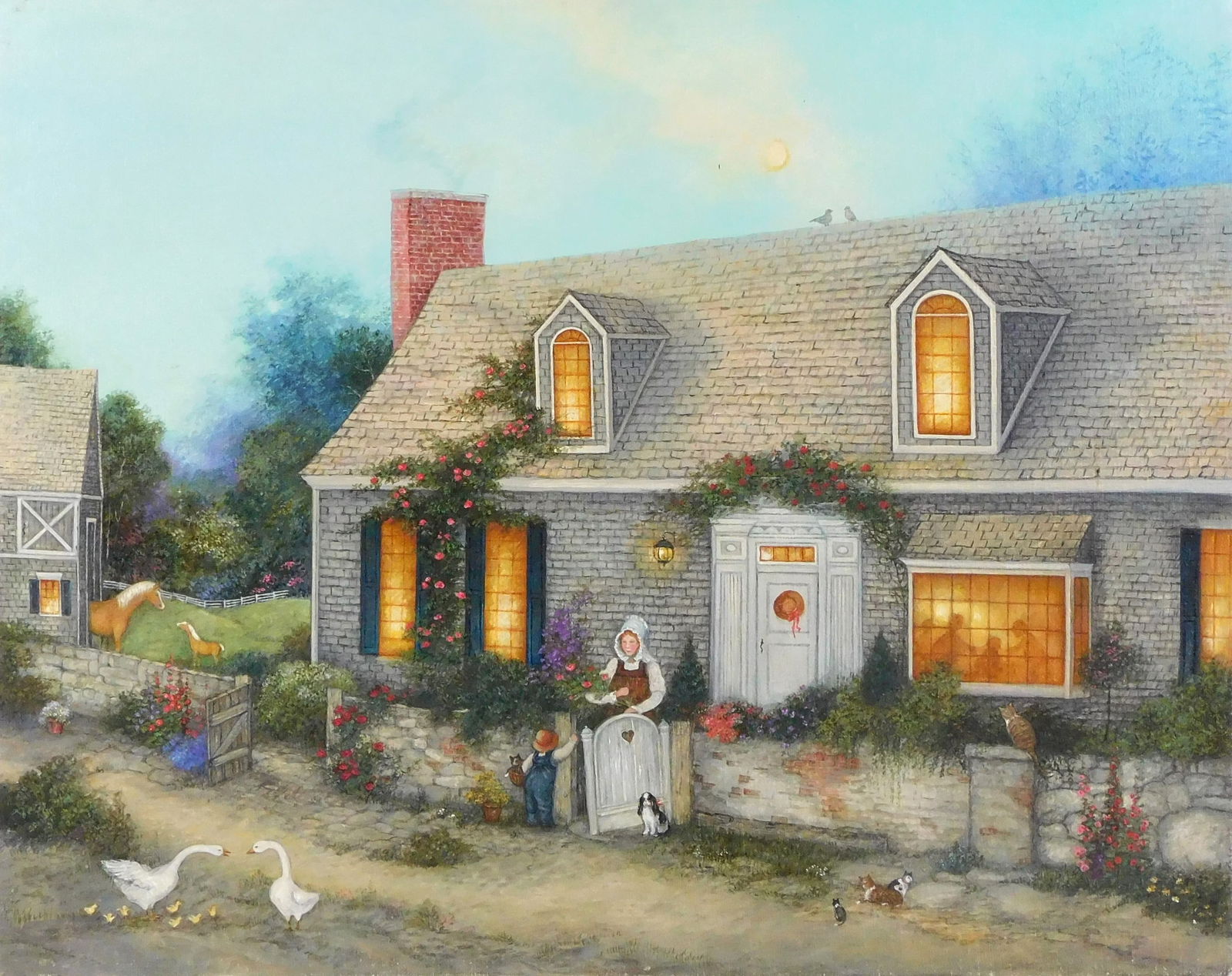 Linda Nelson Stocks, "Untitled (Mother at Gate)", not signed, no date, oil on canvas, depicts scene (1 of 3)