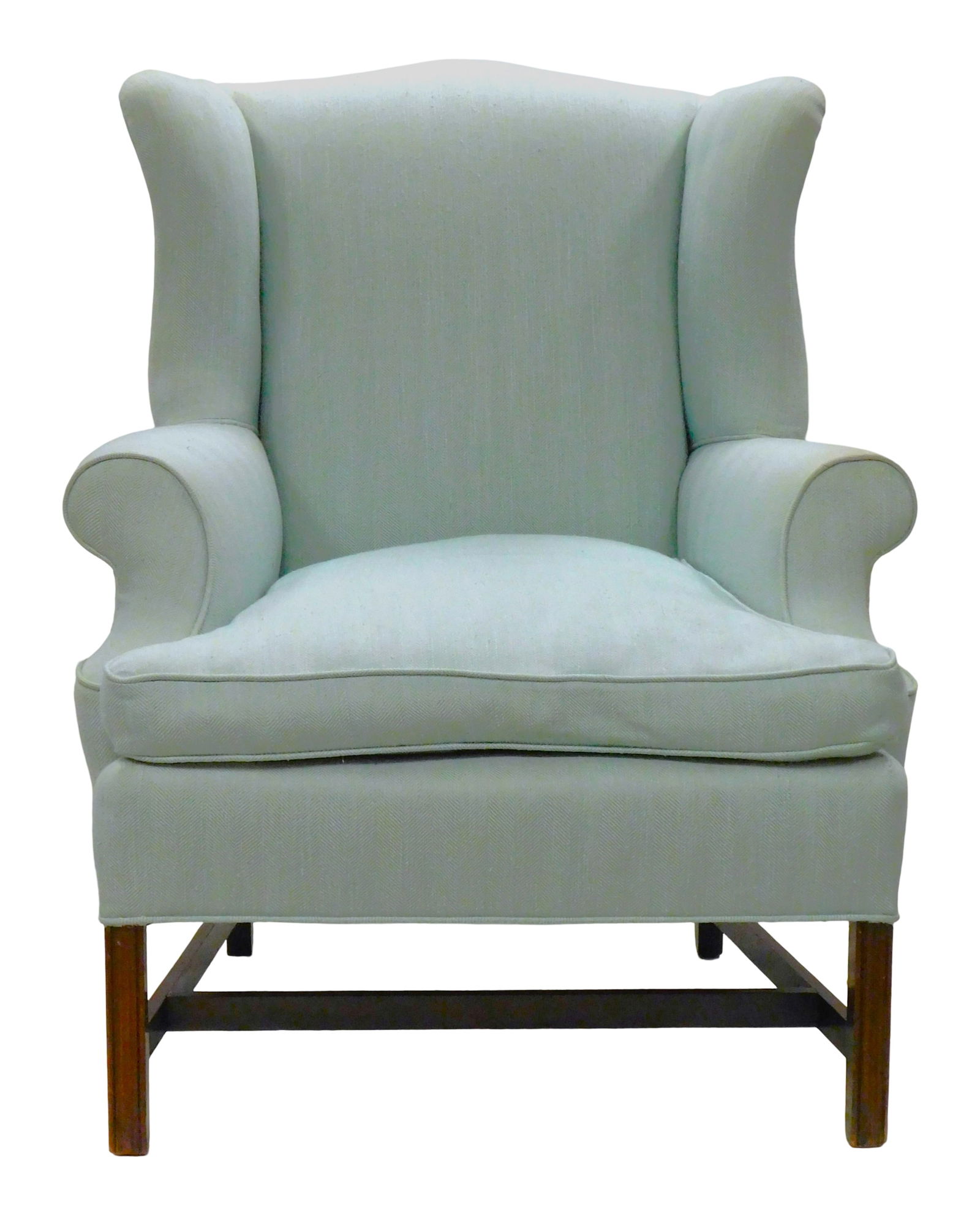 Wing chair with celadon upholstery, 20th C., hardwood frame with straight molded leg, scroll sides,: Wing chair with celadon upholstery, 20th C., hardwood frame with straight molded leg, scroll sides, roll arms, removable seat cushion, wear consistent with age and use including scattered loose thread